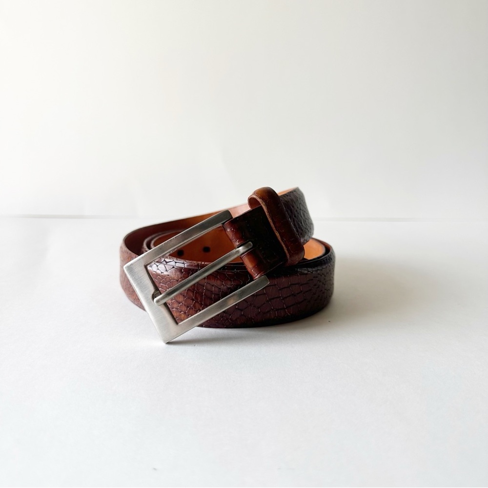 Martin Dingman Brown Leather Crocodile Embossed Calfskin Belt